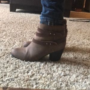 Faux leather brown bootie with 3 inch chunky heal